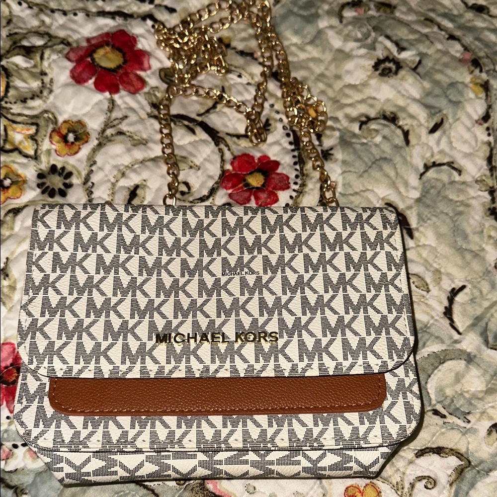 Michael Kors Monogram Crossbody Bag with Gold Chain